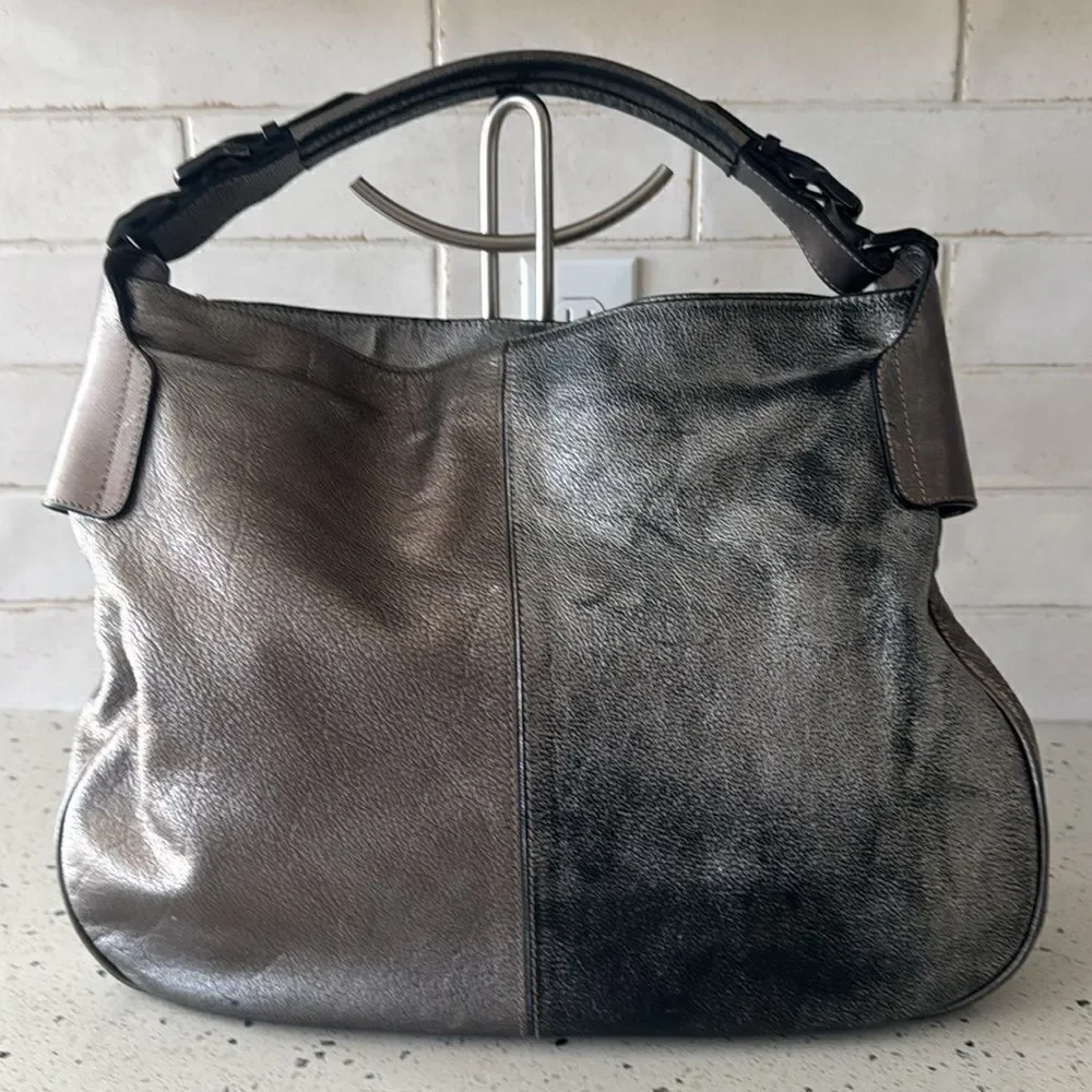 Burberry Warrior Metallic Pewter Leather Satchel Shoulder Handbag Hobo Ruched